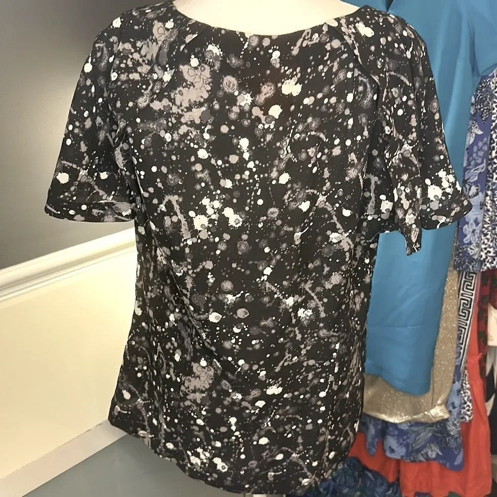 Tory Burch Rebecca Paint Splatter Front Zipper Closure Silk Ruffle Blouse